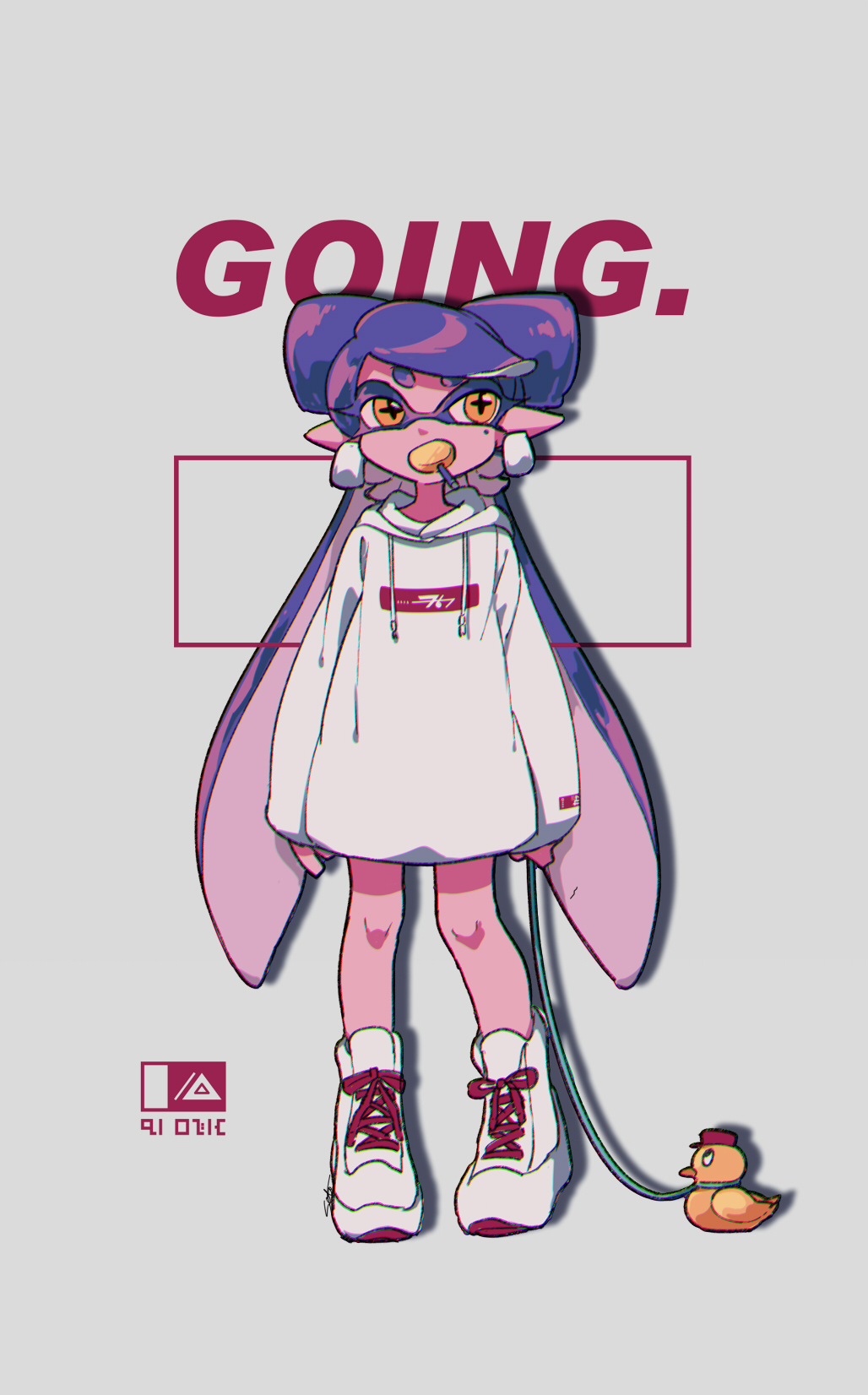 +_+ 1girl alternate_skin_color aori_(splatoon) bird blue_hair candy commentary cross-laced_footwear domino_mask drawstring duck earrings english_commentary english_text food grey_background high_tops highres holding holding_leash hood hoodie jewelry leash lollipop long_hair long_sleeves looking_to_the_side mask mouth_hold orange_eyes pink_skin pointy_ears print_shirt seto_(asils) shadow shirt shoes sleeves_past_wrists solo splatoon_(series) splatoon_1 standing tentacle_hair very_long_hair white_footwear white_shirt