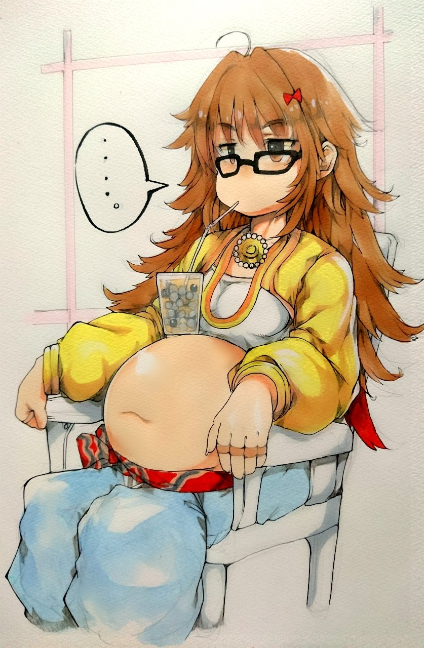 ... 1girl ahoge belly black-framed_eyewear blue_pants bow breasts brown_eyes brown_hair bubble_tea bubble_tea_challenge chair commentary crop_top drinking drinking_straw eyebrows_visible_through_hair fate/grand_order fate_(series) feet_out_of_frame ganesha_(fate) glasses hair_bow highres jacket jewelry jinako_carigiri long_hair long_sleeves medium_breasts navel pants plump red_bow ring sabusupi sitting speech_bubble thick_eyebrows very_long_hair yellow_jacket