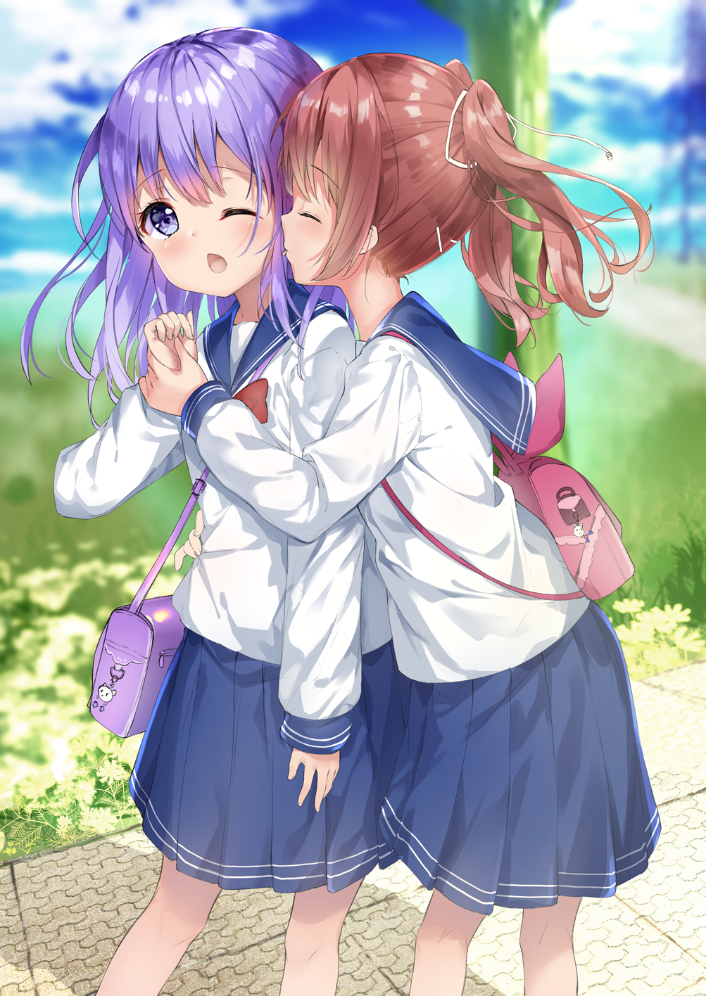 2girls backpack bag bangs blue_sailor_collar blue_skirt blue_sky blurry blurry_background bow bowtie brown_hair chestnut_mouth closed_eyes clouds cloudy_sky day depth_of_field eyebrows_visible_through_hair hair_between_eyes hair_ribbon highres long_hair long_sleeves multiple_girls one_eye_closed open_mouth original outdoors pleated_skirt purple_hair red_neckwear ribbon sailor_collar shiraki_shiori shirt shoulder_bag skirt sky tongue tongue_out twintails violet_eyes white_ribbon white_shirt wrist_grab yuri