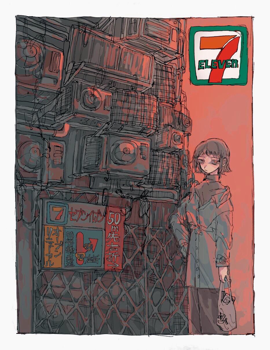 0kam0o 1girl 7-eleven bag bangs border brown_hair hand_on_hip highres holding holding_bag long_sleeves looking_at_viewer original red_eyes short_hair sign solo white_border