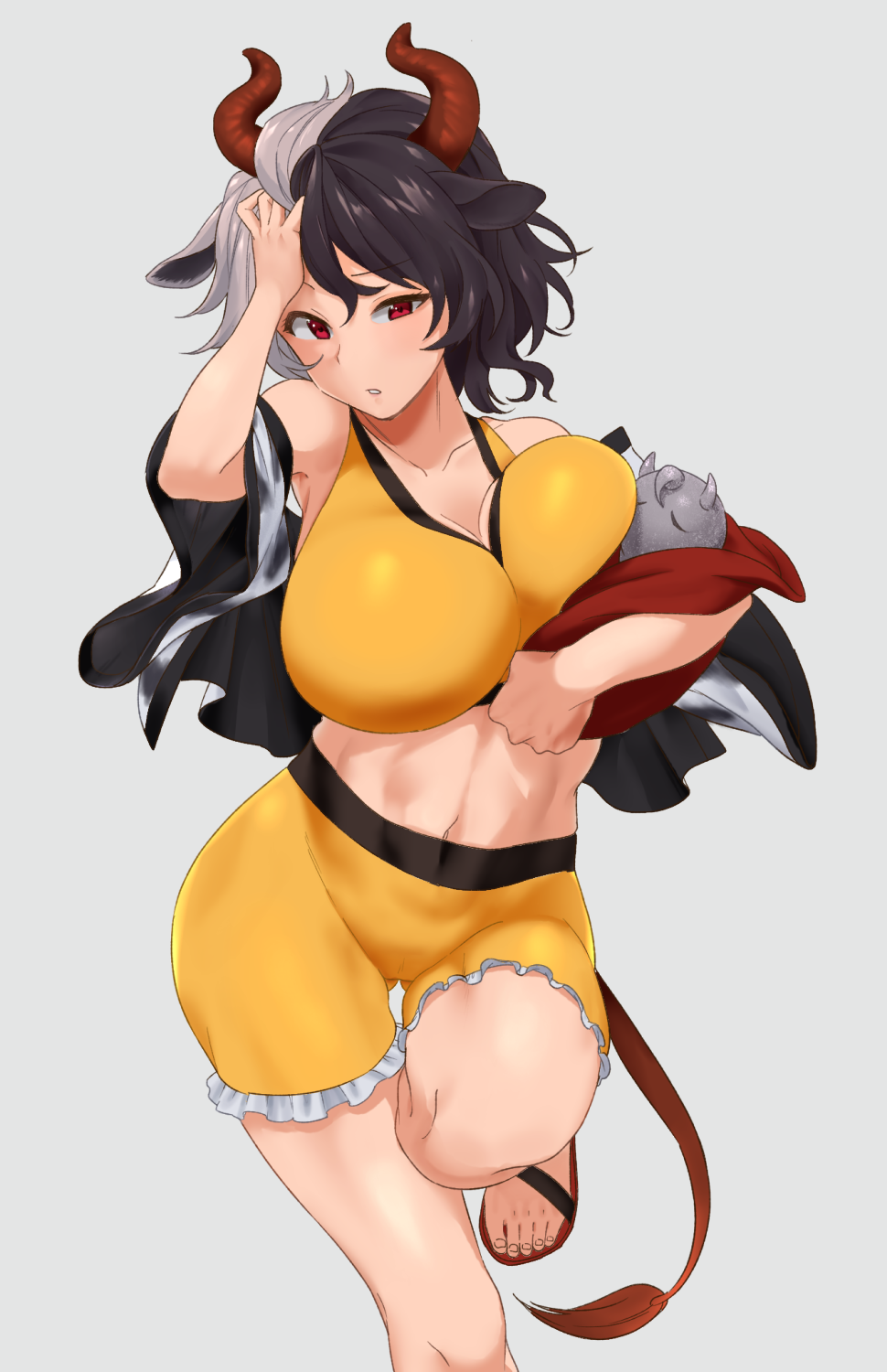 1girl animal_ears black_hair breasts cow_ears cow_horns cow_tail cowboy_shot frilled_shorts frills grey_background hand_on_head highres horns large_breasts midriff multicolored_hair navel red_eyes sandals short_hair shorts simple_background solo tail touhou toujou_(toujou_ramen) two-tone_hair ushizaki_urumi white_hair yellow_shorts