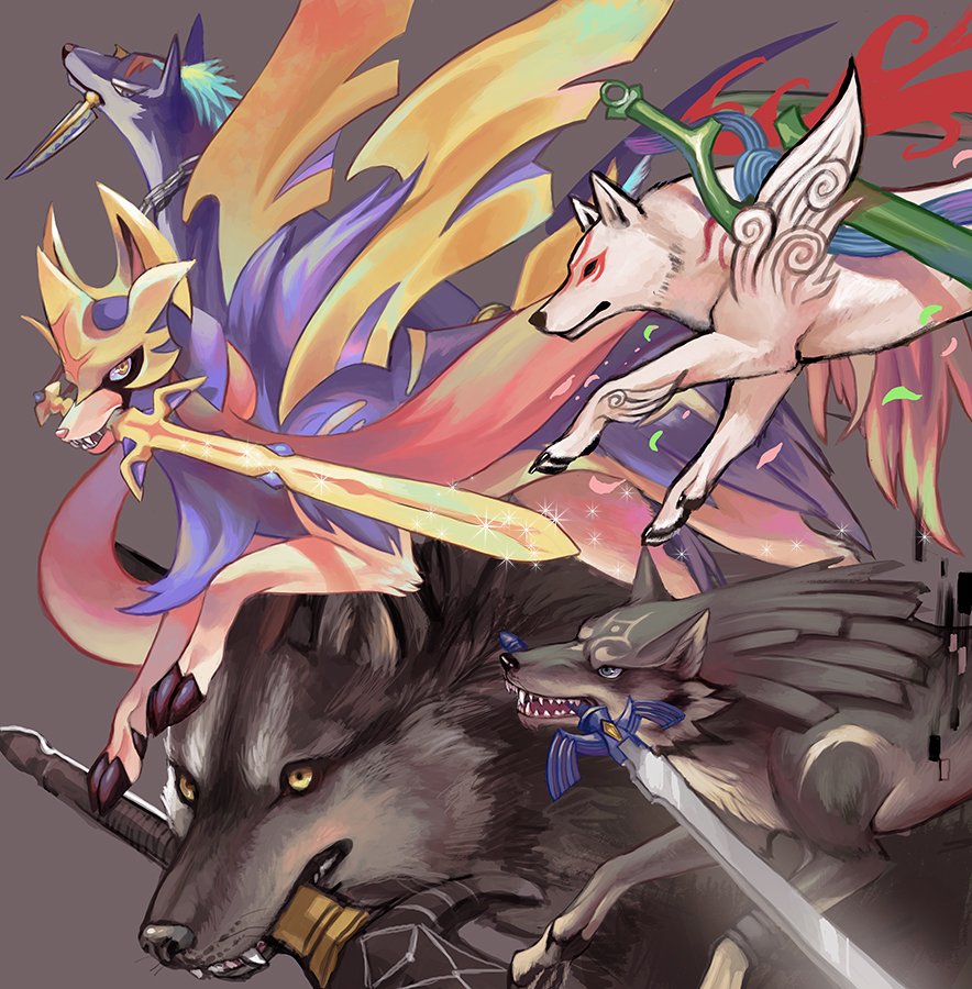 amaterasu animal blue_eyes blue_fur bodypaint commentary crossover dark_souls dog english_commentary fire gen_8_pokemon great_grey_wolf_sif holding holding_sword holding_weapon link link_(wolf) magatama mouth_hold no_humans ookami_(game) pokemon pokemon_(creature) pokemon_(game) pokemon_swsh repede rosary scar shield simple_background smile souls_(from_software) sword sword_in_mouth syn_(kuponutt) tail tales_of_(series) tales_of_vesperia the_legend_of_zelda the_legend_of_zelda:_twilight_princess weapon wolf yellow_eyes zacian