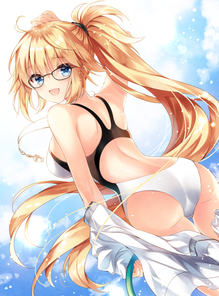 1girl :d ahoge arm_up ass back bare_legs bare_shoulders black-framed_eyewear blonde_hair blue_eyes blue_sky breasts competition_swimsuit day fate/grand_order fate_(series) floating_hair from_behind glasses holding hose jacket jeanne_d'arc_(fate)_(all) jeanne_d'arc_(swimsuit_archer) large_breasts long_hair looking_at_viewer looking_back nogi_takayoshi one-piece_swimsuit open_mouth ponytail shoulder_blades sky smile solo sunlight swimsuit very_long_hair whistle white_jacket