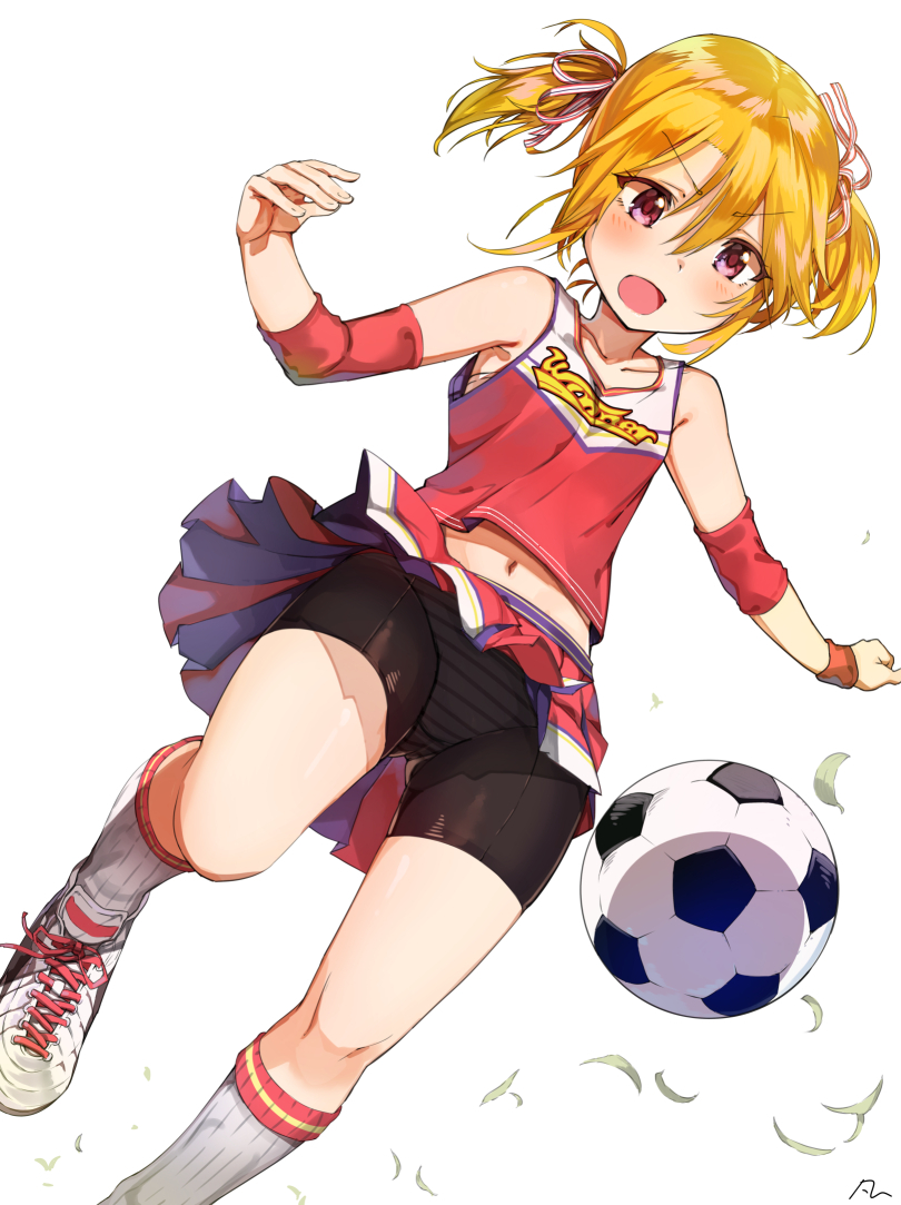 1girl ball bangs bare_shoulders bike_shorts black_shorts blush breasts brown_eyes compression_sleeve hair_between_eyes hair_ribbon idolmaster idolmaster_cinderella_girls long_hair navel open_mouth orange_hair red_skirt red_tank_top ribbon shoes shorts shorts_under_skirt sidelocks simple_background skirt sneakers soccer_ball solo thighs twintails white_background yanngoto yuuki_haru