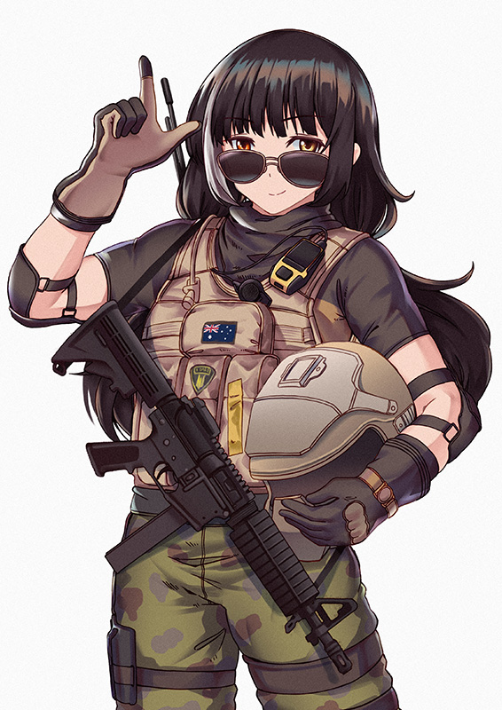 1girl bangs black_hair black_shirt bulletproof_vest camouflage camouflage_pants closed_mouth eyebrows_visible_through_hair girls_frontline gloves gun hand_gesture headwear_removed helmet helmet_removed heterochromia holding holding_helmet long_hair looking_at_viewer multicolored_hair multiple_girls pants parody persocon93 pouch rainbow_six_siege red_eyes ro635_(girls_frontline) shirt simple_background smile solo sunglasses tactical_clothes two-tone_hair vest weapon white_background white_hair yellow_eyes