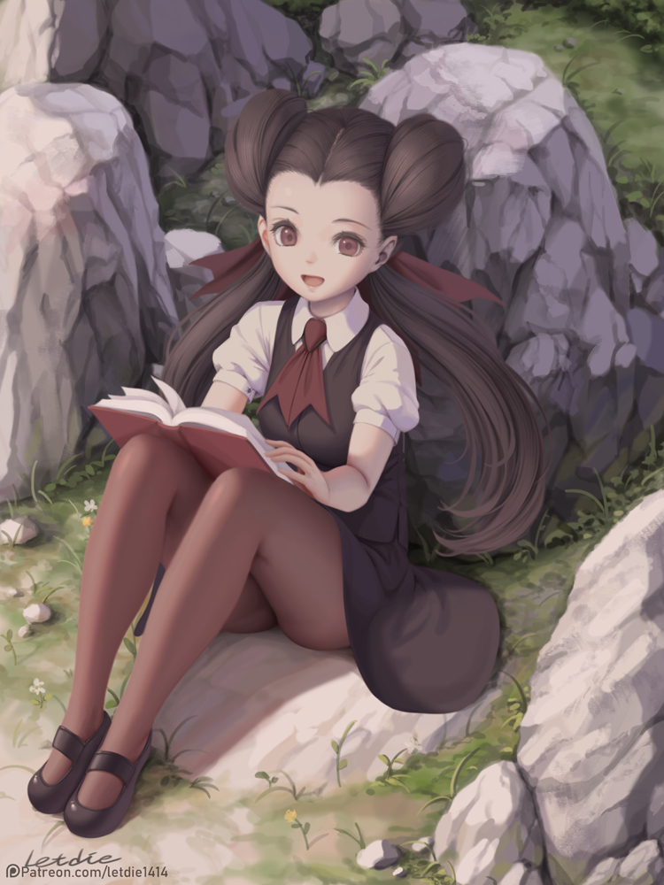 1girl artist_name black_footwear bow brown_eyes brown_hair brown_legwear dress grass gym_leader hair_bow hair_pulled_back letdie1414 long_hair looking_at_viewer mary_janes open_mouth outdoors pantyhose pinafore_dress pokemon pokemon_(game) pokemon_oras red_bow red_neckwear rock shoes smile solo tsutsuji_(pokemon) twintails very_long_hair watermark web_address