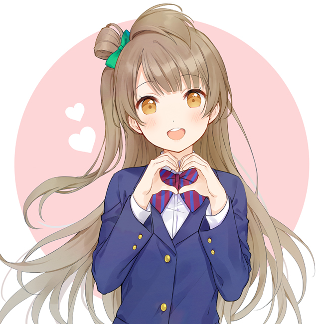 1girl :d bangs blazer blue_jacket blush bow brown_eyes brown_hair collared_shirt diagonal_stripes dress_shirt eyebrows_visible_through_hair green_bow hair_bow hands_up heart heart_hands jacket long_hair long_sleeves love_live! love_live!_school_idol_project minami_kotori one_side_up open_mouth pink_background red_bow rio_(9251843) round_teeth school_uniform shirt smile solo striped striped_bow teeth two-tone_background upper_body upper_teeth very_long_hair white_background white_shirt