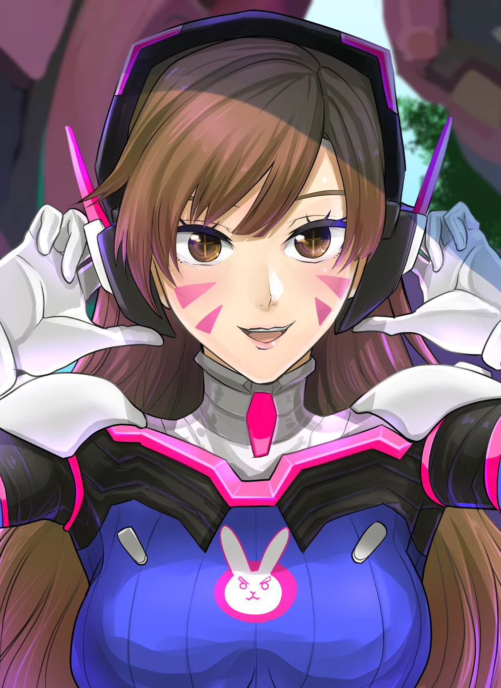 1girl animal_print bangs blue_bodysuit bodysuit bracer breasts brown_eyes brown_hair bunny_print clash_kuro_neko d.va_(overwatch) facepaint facial_mark gloves headphones high_collar highres long_hair looking_at_viewer meka_(overwatch) nose open_mouth overwatch pilot_suit pink_lips ribbed_bodysuit skin_tight solo swept_bangs whisker_markings white_gloves