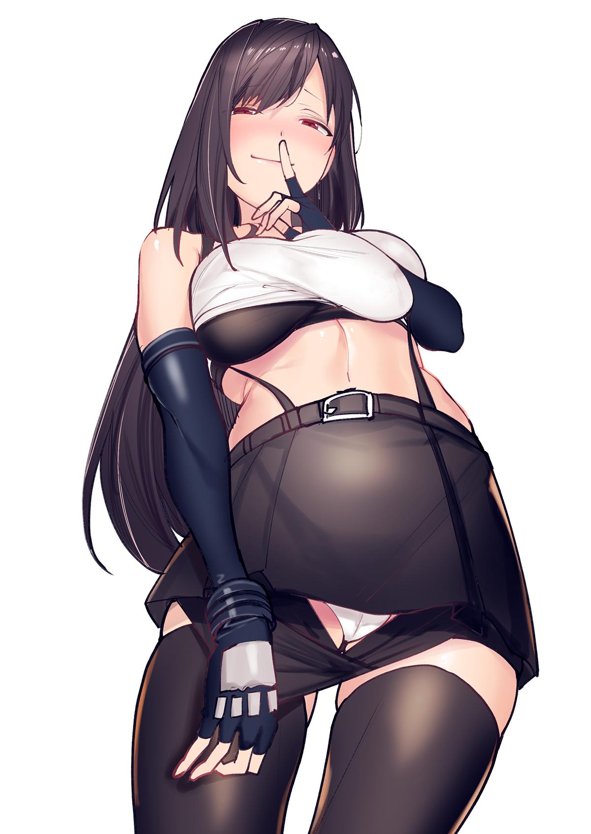 1girl belt bike_shorts black_legwear black_shorts black_skirt blush breasts elbow_gloves final_fantasy final_fantasy_vii final_fantasy_vii_remake finger_to_mouth gloves highres light_blush long_hair looking_at_viewer looking_down megumi_yakiniku navel panties shirt_lift shorts shorts_pull shorts_under_skirt shushing simple_background skirt sleeveless smile solo sports_bra standing stomach suspenders tank_top thigh-highs thigh_gap tifa_lockhart undershirt underwear undressing