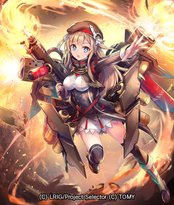 1girl blue_eyes breasts brown_headwear canister dress flamethrower full_body gun hokuyuu holding holding_gun holding_weapon light_brown_hair long_hair long_sleeves looking_at_viewer medium_breasts official_art open_mouth outstretched_arm pinafore_dress skirt solo thigh-highs weapon white_skirt wixoss
