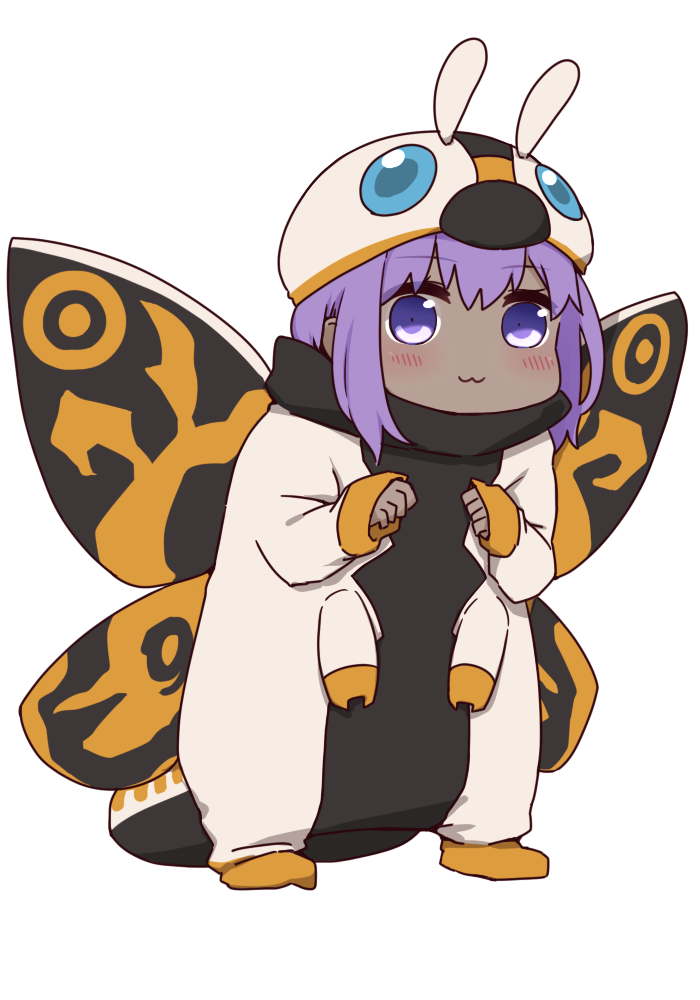 1girl :3 bangs blush closed_mouth cosplay_request costume dark_skin eyebrows_visible_through_hair fate/prototype fate/prototype:_fragments_of_blue_and_silver fate_(series) full_body hair_between_eyes hassan_of_serenity_(fate) i.u.y insect_wings long_sleeves looking_at_viewer moth_wings purple_hair simple_background sleeves_past_wrists solo standing violet_eyes white_background wings