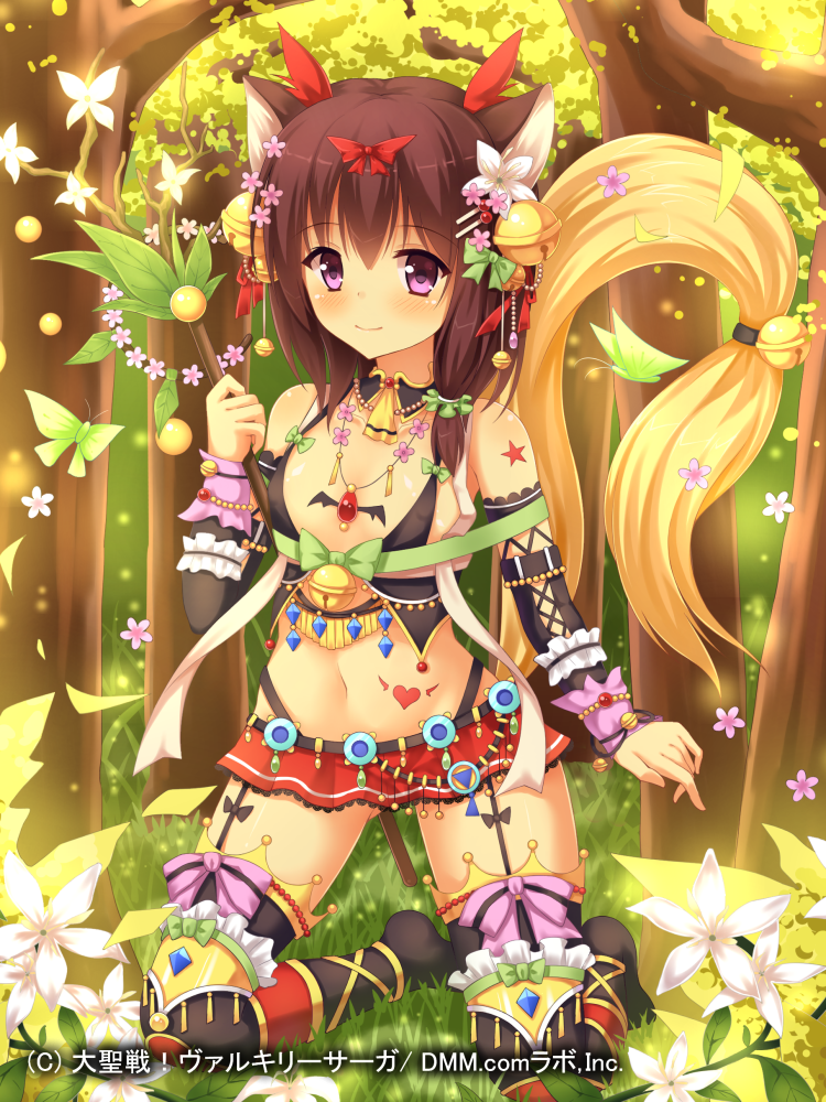 1girl animal_ears bell black_legwear brown_hair bug butterfly dai_seisen!_valkyrie_saga flat_chest flower forest garter_belt hair_flower hair_ornament heart insect jewelry jingle_bell medium_hair nature navel official_art original pendant smile solo star suzuame_yatsumi tail violet_eyes