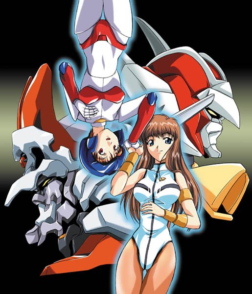 2girls :d armband bangs bodysuit brown_eyes brown_hair cowboy_shot dangaiou holding_hands lambda_nom leotard long_hair looking_at_viewer mecha mia_alice mikage_nao multiple_girls open_mouth pilot_suit shiny shiny_hair short_hair smile thigh_gap white_bodysuit white_leotard wristband