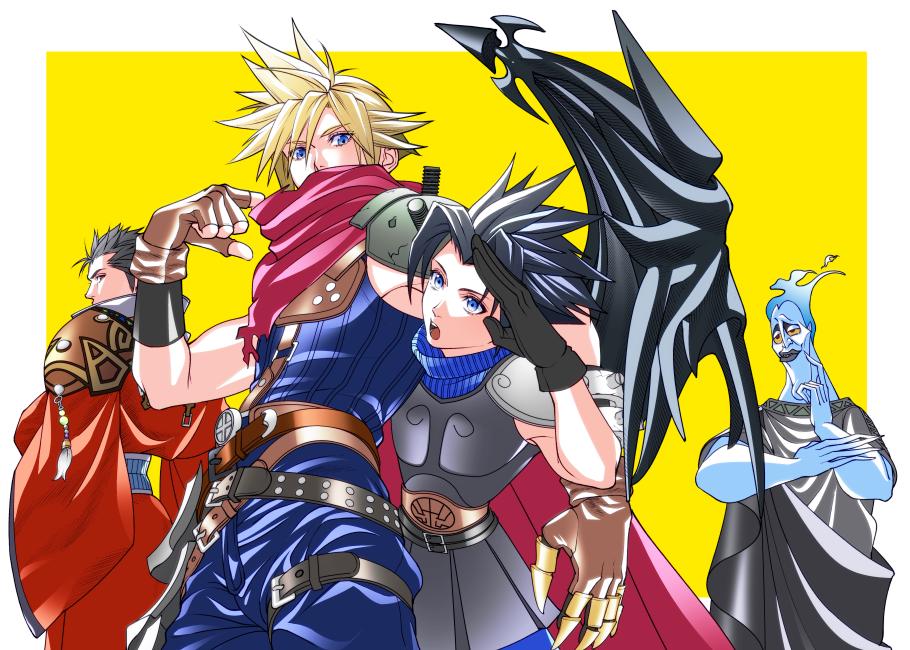 4boys asymmetrical_clothes auron belt black_gloves black_hair blonde_hair blue_eyes blue_fire border brown_gloves cloak cloud_strife company_connection disney fiery_hair final_fantasy final_fantasy_vii final_fantasy_x fingerless_gloves fire gauntlets gloves hades_(disney) hercules_(disney) kingdom_hearts kingdom_hearts_birth_by_sleep kingdom_hearts_i kingdom_hearts_ii ko102k1 looking_back multiple_boys open_mouth single_wing spiky_hair square_enix super_smash_bros. upper_body white_border wings yellow_background yellow_eyes zack_fair