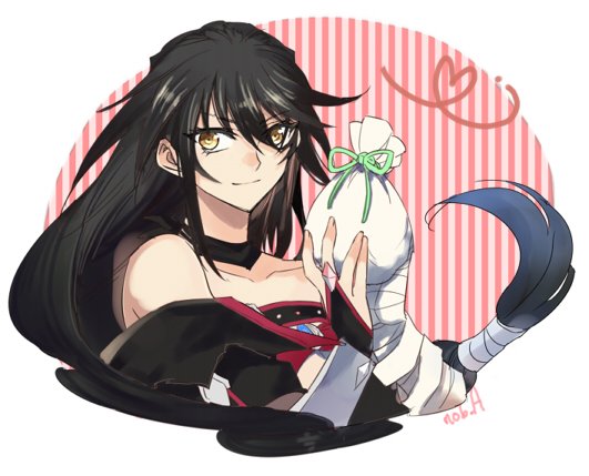 1girl aonagi_(a-lot-of) bag bandaged_arm bandages black_hair bridal_gauntlets collarbone green_ribbon hair_between_eyes heart_ribbon holding holding_bag long_hair looking_at_viewer low-tied_long_hair ribbon shiny shiny_hair smile solo striped striped_background tales_of_(series) tales_of_berseria upper_body velvet_crowe very_long_hair white_background yellow_eyes
