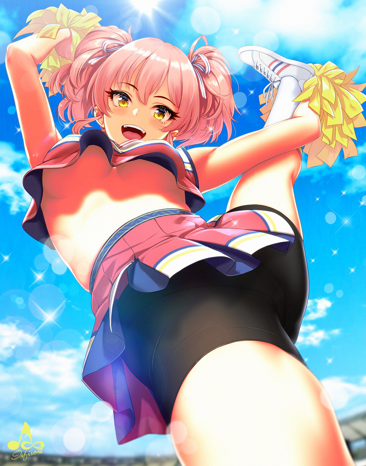 1girl arm_up armpits bike_shorts blush breasts cheerleader clouds crop_top from_below highres idolmaster idolmaster_cinderella_girls infinote jougasaki_mika leg_up looking_at_viewer medium_breasts midriff miniskirt no_bra open_mouth pink_hair pleated_skirt pom_poms ribbon shirt shoes signature skirt sky sleeveless sleeveless_shirt smile sneakers standing standing_on_one_leg stretch striped striped_ribbon twintails yellow_eyes