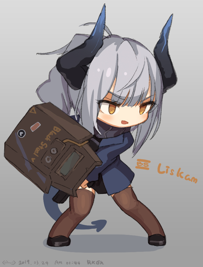 1girl arknights bangs black_dress black_footwear blue_jacket blush brown_eyes brown_legwear character_name chibi cuffs curled_horns dated dress eyebrows_visible_through_hair full_body grey_background grey_hair hair_between_eyes high_ponytail holding horns jacket jakoujika liskam_(arknights) long_hair looking_away open_clothes open_jacket open_mouth ponytail riot_shield shackles shoes solo standing tail thigh-highs v-shaped_eyebrows