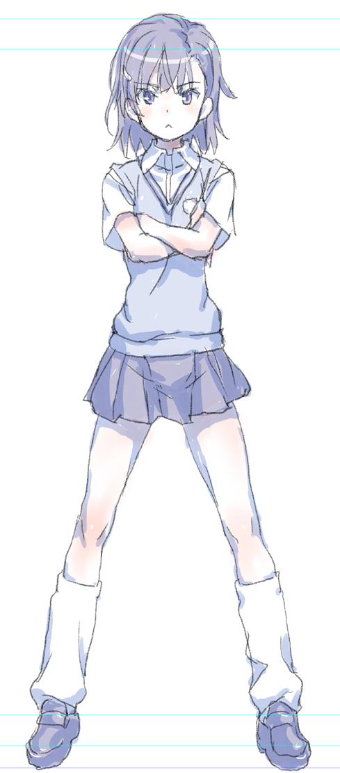 1girl blue_eyes blush closed_mouth commentary_request hair_ornament hairclip looking_at_viewer misaka_mikoto raika9 school_uniform short_hair simple_background sketch skirt solo to_aru_kagaku_no_railgun to_aru_majutsu_no_index white_background