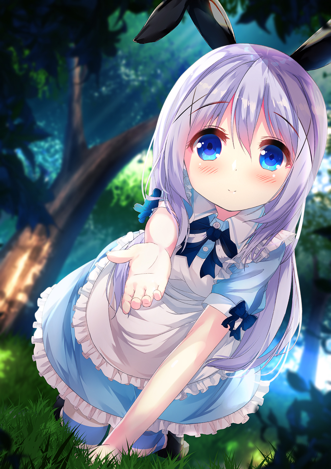 1girl all_fours animal_ears apron bangs black_footwear blue_bow blue_dress blue_eyes blue_hair blush bow chinomaron closed_mouth commentary_request day dress eyebrows_visible_through_hair forest frilled_apron frills gochuumon_wa_usagi_desu_ka? grass hair_between_eyes hair_ornament highres kafuu_chino kemonomimi_mode long_hair looking_at_viewer nature on_grass outdoors outstretched_arm pantyhose puffy_short_sleeves puffy_sleeves rabbit_ears shoes short_sleeves smile solo striped striped_legwear sunlight tree very_long_hair white_apron x_hair_ornament