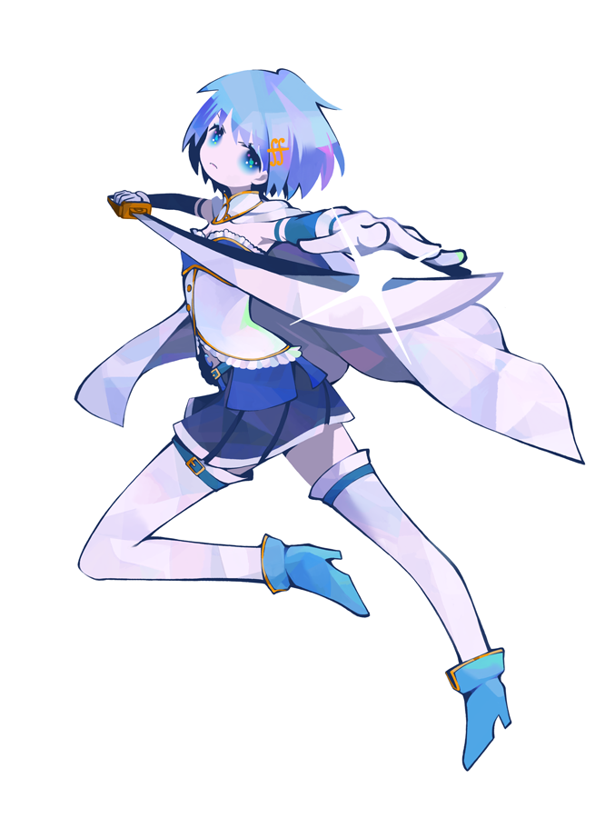 1girl aiming aiming_at_viewer belt blue_eyes blue_footwear blue_hair blue_skirt blue_theme boots breasts cape fortissimo fortissimo_hair_ornament frills frown full_body gin-jou gloves hair_ornament hairclip head_tilt holding holding_sword holding_weapon looking_at_viewer mahou_shoujo_madoka_magica miki_sayaka outstretched_arms pleated_skirt serious short_hair simple_background skirt sleeveless small_breasts solo soul_gem sparkle sword thigh-highs weapon white_background white_cape white_gloves white_legwear zettai_ryouiki