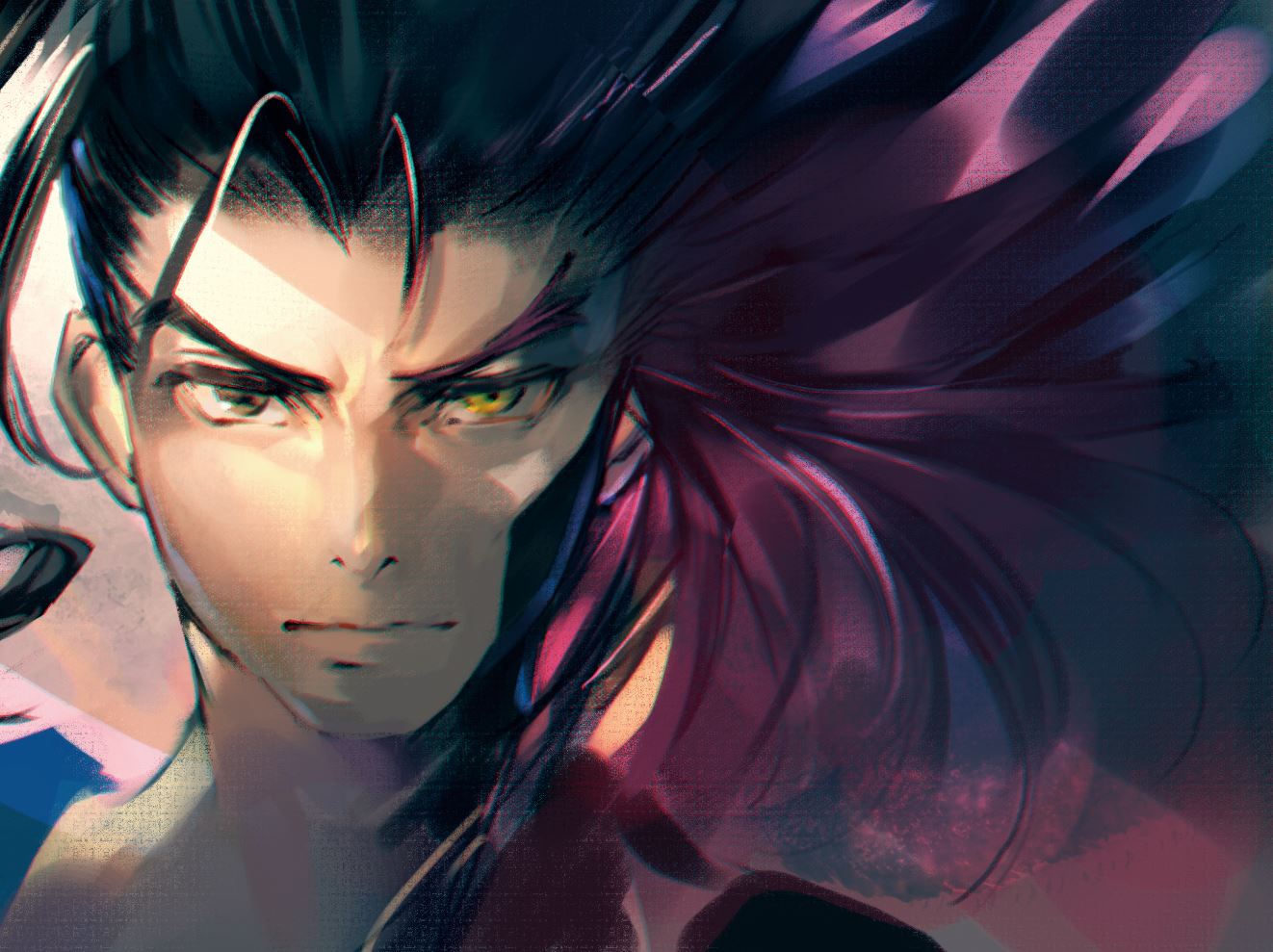 1boy black_hair bomssp close-up dual_persona face fei_fong_wong id long_hair looking_at_viewer male_focus mask redhead solo xenogears