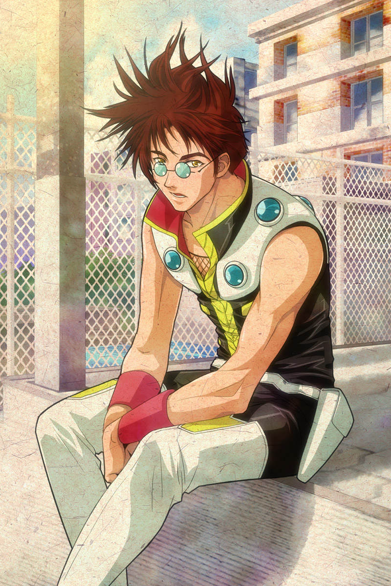 1boy black_pants blue-tinted_eyewear boots brown_hair collarbone day highres holster kutsuno looking_at_viewer macross macross_7 male_focus nekki_basara open_mouth outdoors pants round_eyewear sitting sleeveless solo spiky_hair sunglasses thigh-highs thigh_boots white_footwear wristband yellow_eyes