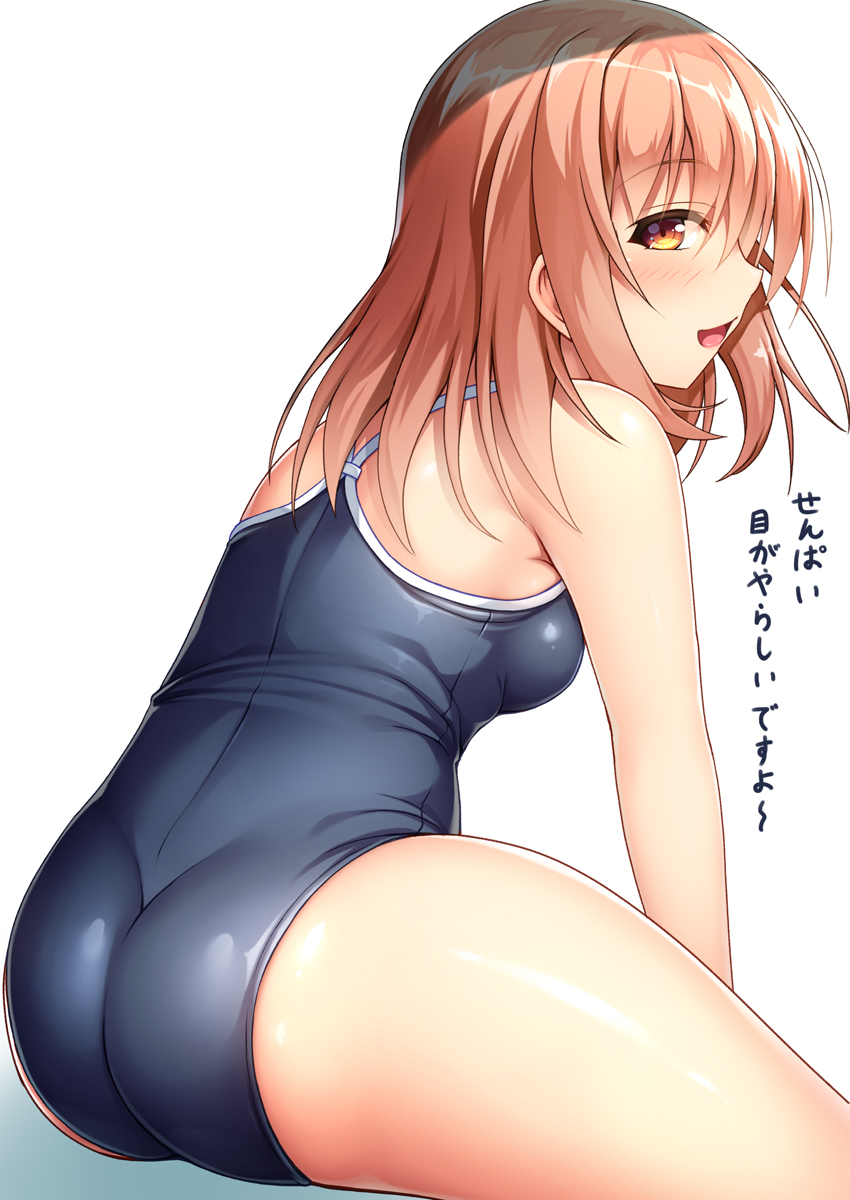 1girl ass blue_swimsuit brown_hair commentary_request competition_school_swimsuit from_behind highres looking_at_viewer medium_hair noshimasa original profile school_swimsuit simple_background sitting smile solo swimsuit translated white_background yellow_eyes
