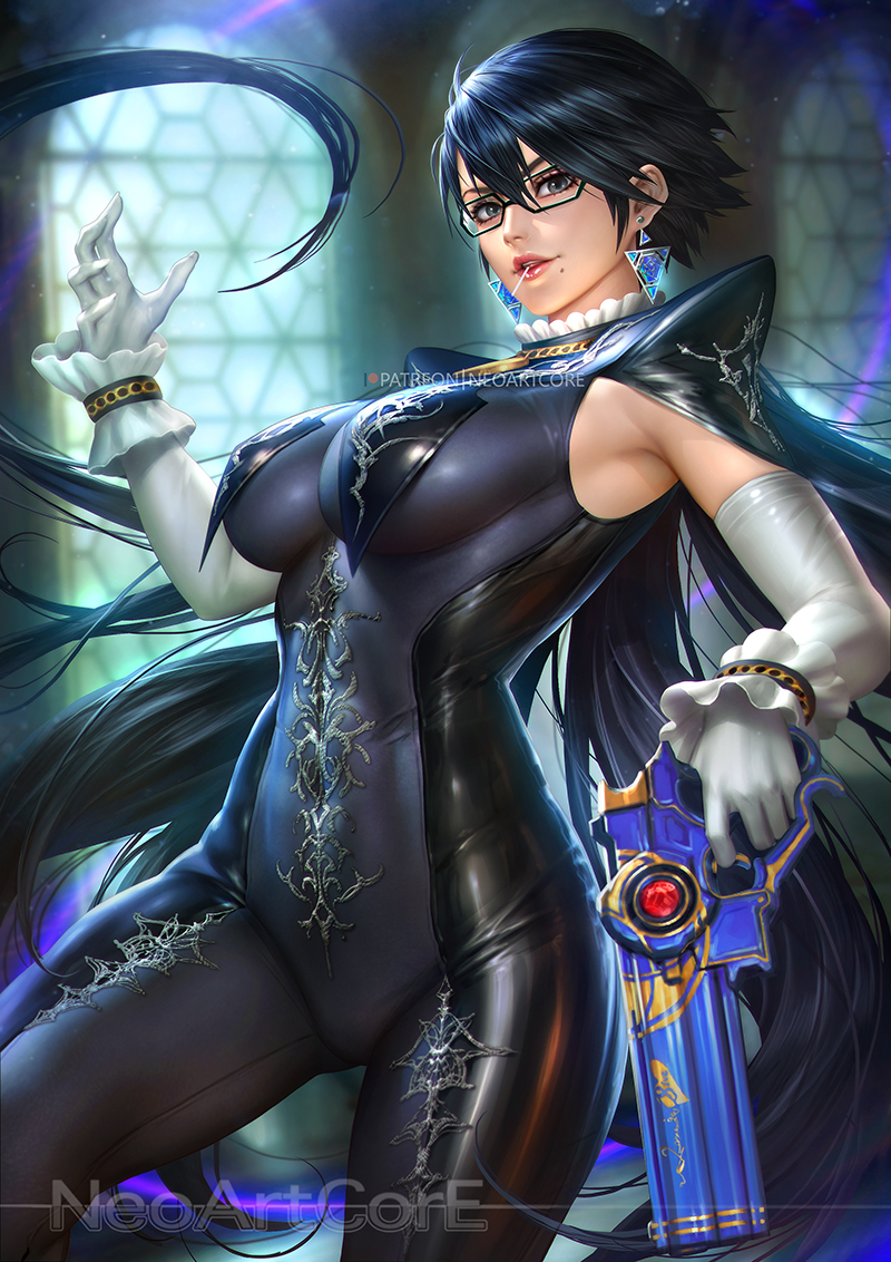 1girl armpits artist_name bad_id bad_pixiv_id bangs bayonetta bayonetta_(character) bayonetta_2 black-framed_eyewear black_bodysuit blurry blurry_background bodysuit breasts candy covered_navel cowboy_shot depth_of_field earrings elbow_gloves food glasses gloves grey_eyes gun hair_between_eyes hand_up holding holding_gun holding_weapon impossible_bodysuit impossible_clothes indoors jewelry large_breasts lollipop long_hair looking_at_viewer mole mole_under_mouth mouth_hold nudtawut_thongmai parted_lips patreon_username red_lips smile solo very_long_hair watermark weapon white_gloves window wrist_cuffs