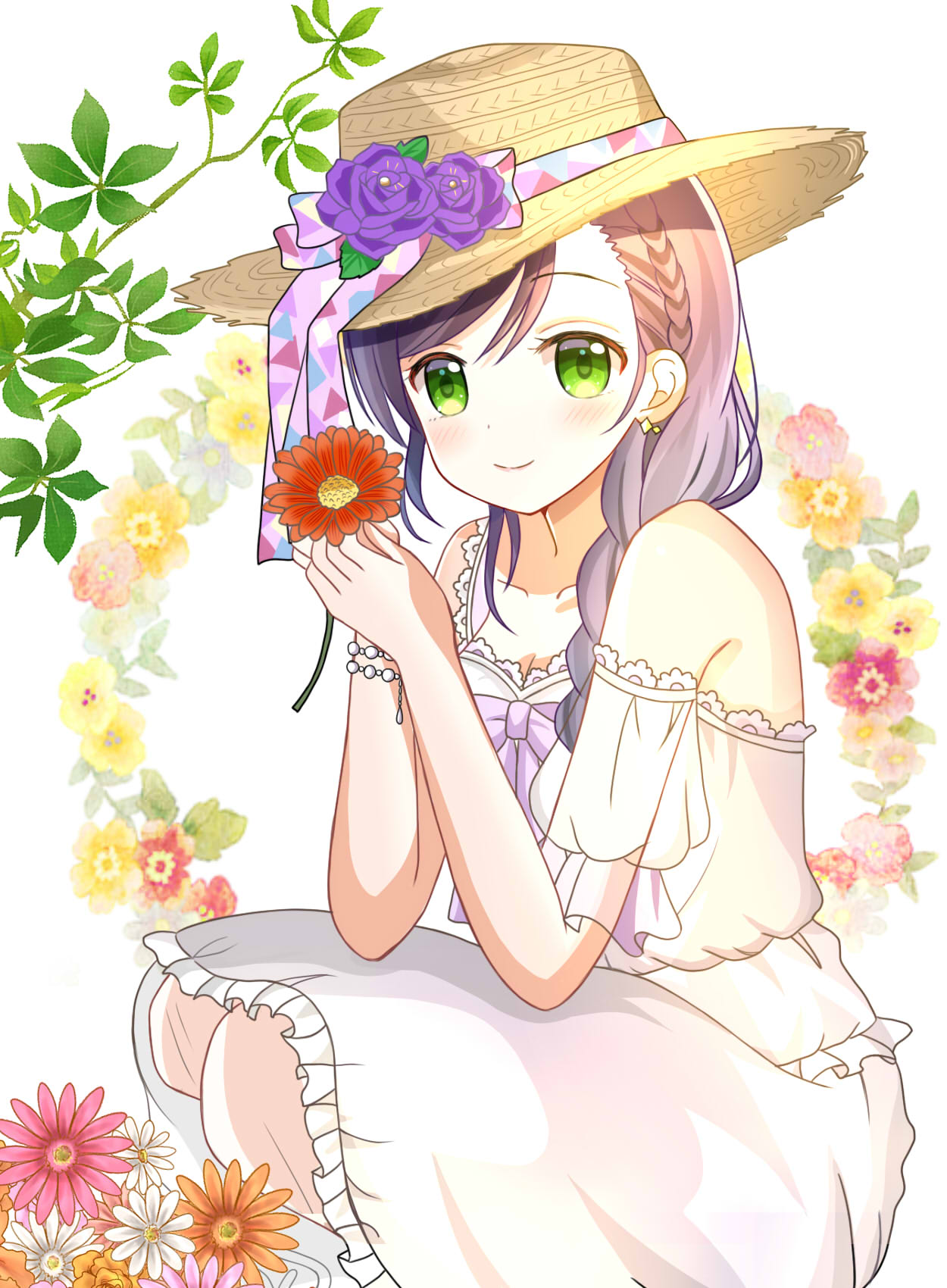1girl ascii_media_works bangs bare_shoulders bow braid brown_flower brown_headwear bushiroad closed_mouth cute dress earrings eyebrows_visible_through_hair floral_background flower frilled_dress frills green_eyes hair_between_eyes hair_over_shoulder hat hat_flower highres holding holding_flower jewelry long_hair love_live! love_live!_school_idol_project moe parted_lips puffy_short_sleeves puffy_sleeves purple_bow purple_flower purple_hair purple_rose red_flower rose ryoutan see-through see-through_sleeves short_sleeves single_braid smile solo spring_(season) squatting sun_hat sunrise_(studio) tokyo_mx toujou_nozomi white_background white_dress white_flower