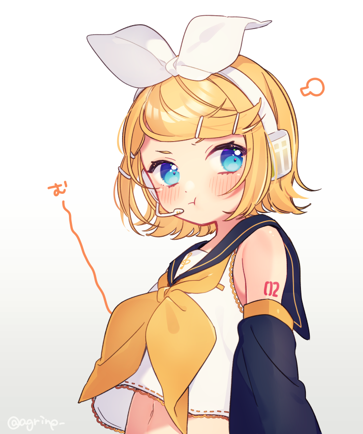 &gt;:t 1girl :t angry annoyed arm_tattoo bare_shoulders blonde_hair blue_eyes blush bow crop_top detached_sleeves flat_chest hair_bow hair_ornament hairclip head_steam headphones headset kagamine_rin looking_at_viewer midriff navel number_tattoo pout rinndouk sailor_collar shirt short_hair sleeveless sleeveless_shirt solo tattoo upper_body vocaloid