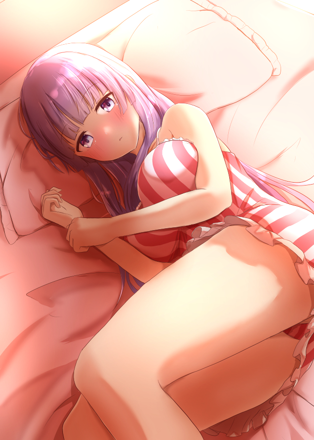 1girl bangs bare_shoulders bed blunt_bangs blush breasts commentary_request eyebrows_visible_through_hair feet_out_of_frame from_above large_breasts legs long_hair looking_at_viewer lying no_hat no_headwear on_side panties panty_peek patchouli_knowledge pillow purple_hair raised_eyebrows ram_hachimin shadow sleeveless solo striped striped_panties thighs touhou underwear very_long_hair violet_eyes
