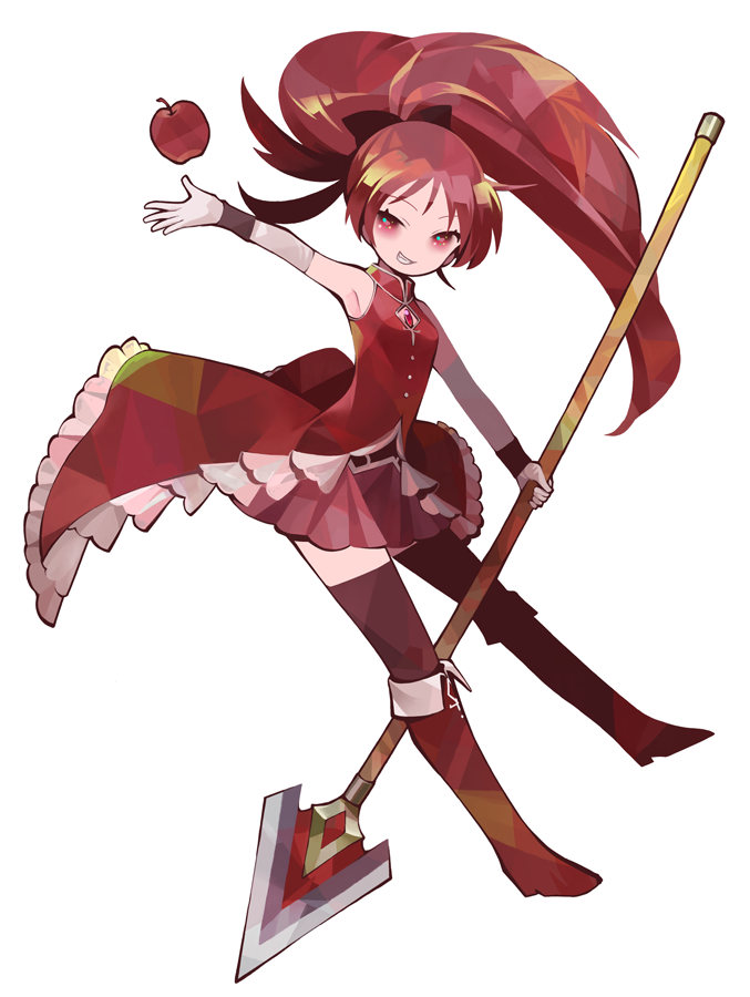 1girl apple aqua_eyes armpits bare_shoulders black_legwear black_ribbon boots breasts buttons clenched_teeth floating_hair food frills fruit full_body gin-jou grin hair_ribbon holding holding_spear holding_weapon knee_boots long_hair mahou_shoujo_madoka_magica multicolored multicolored_eyes orange_eyes outstretched_arms polearm red_eyes red_footwear red_shirt red_theme redhead ribbon sakura_kyouko shirt simple_background sleeveless sleeveless_shirt small_breasts smile solo soul_gem spear teeth thigh-highs weapon white_background zettai_ryouiki
