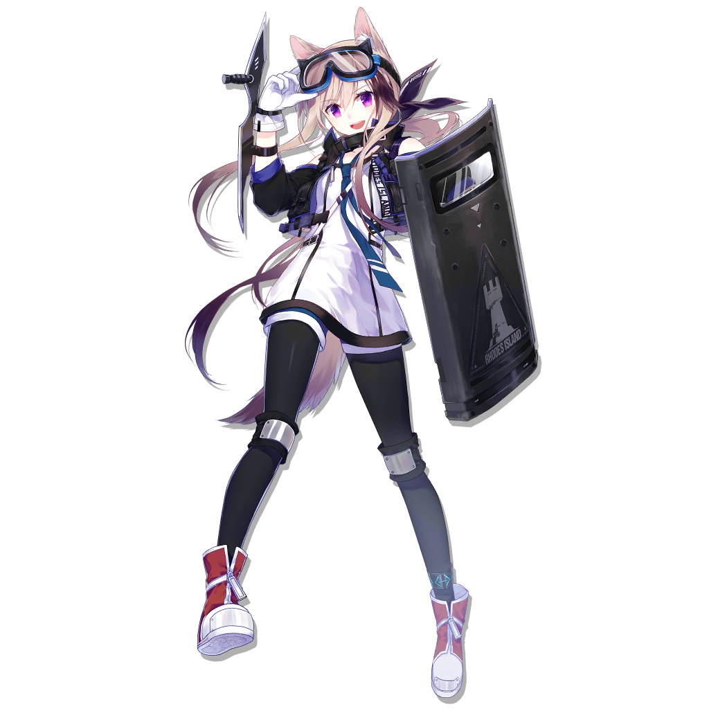 1girl adjusting_eyewear animal_ears arknights black_legwear boots cardigan_(arknights) dog_ears dog_tail full_body gloves goggles goggles_on_head hair_ribbon knee_pads long_hair official_art open_mouth pantyhose ponytail ribbon shield silver_hair solo tail transparent_background vest violet_eyes weapon