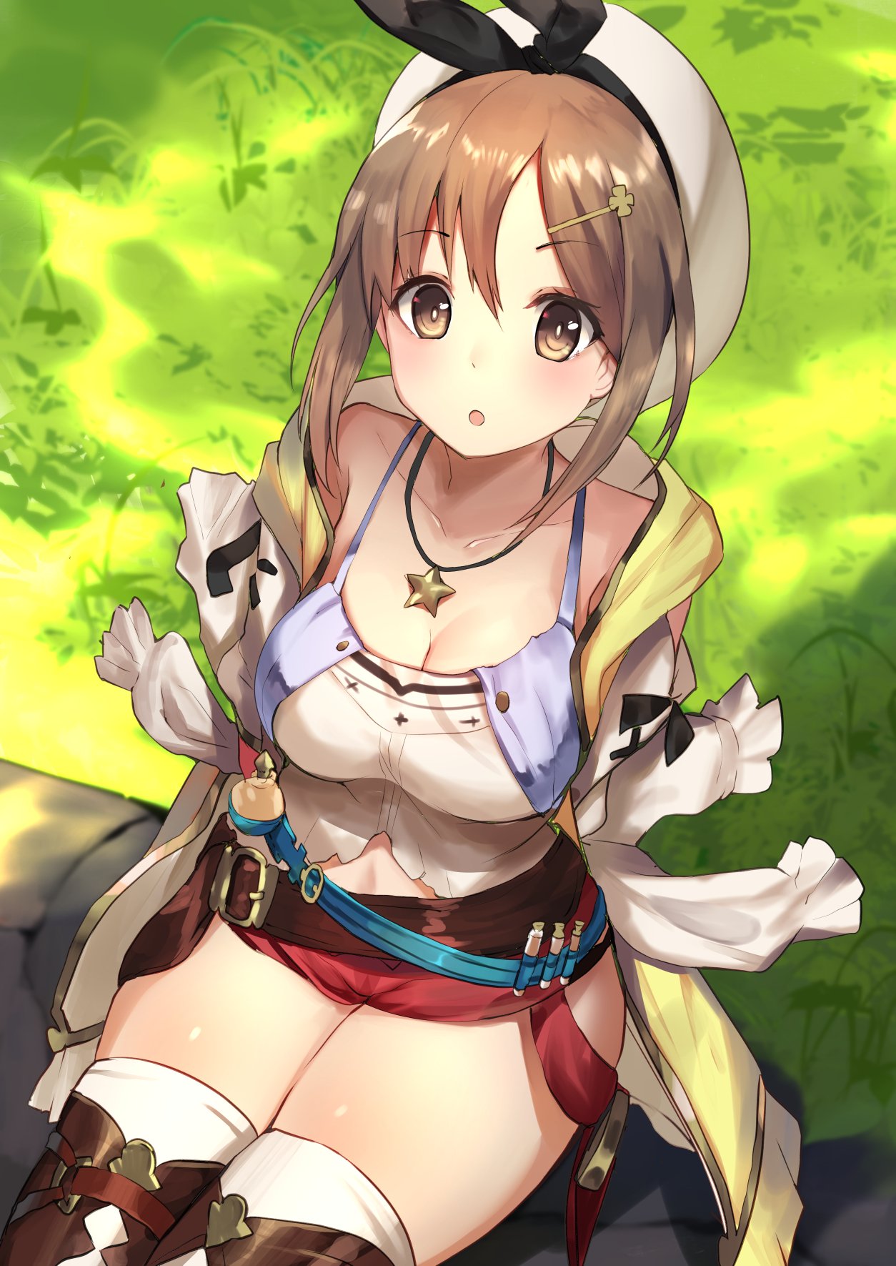 1girl atelier_(series) atelier_ryza belt blush breasts brown_eyes brown_hair haik hair_ornament hairclip hat highres jewelry looking_at_viewer necklace open_mouth red_shorts reisalin_stout short_shorts shorts solo thigh-highs thighs