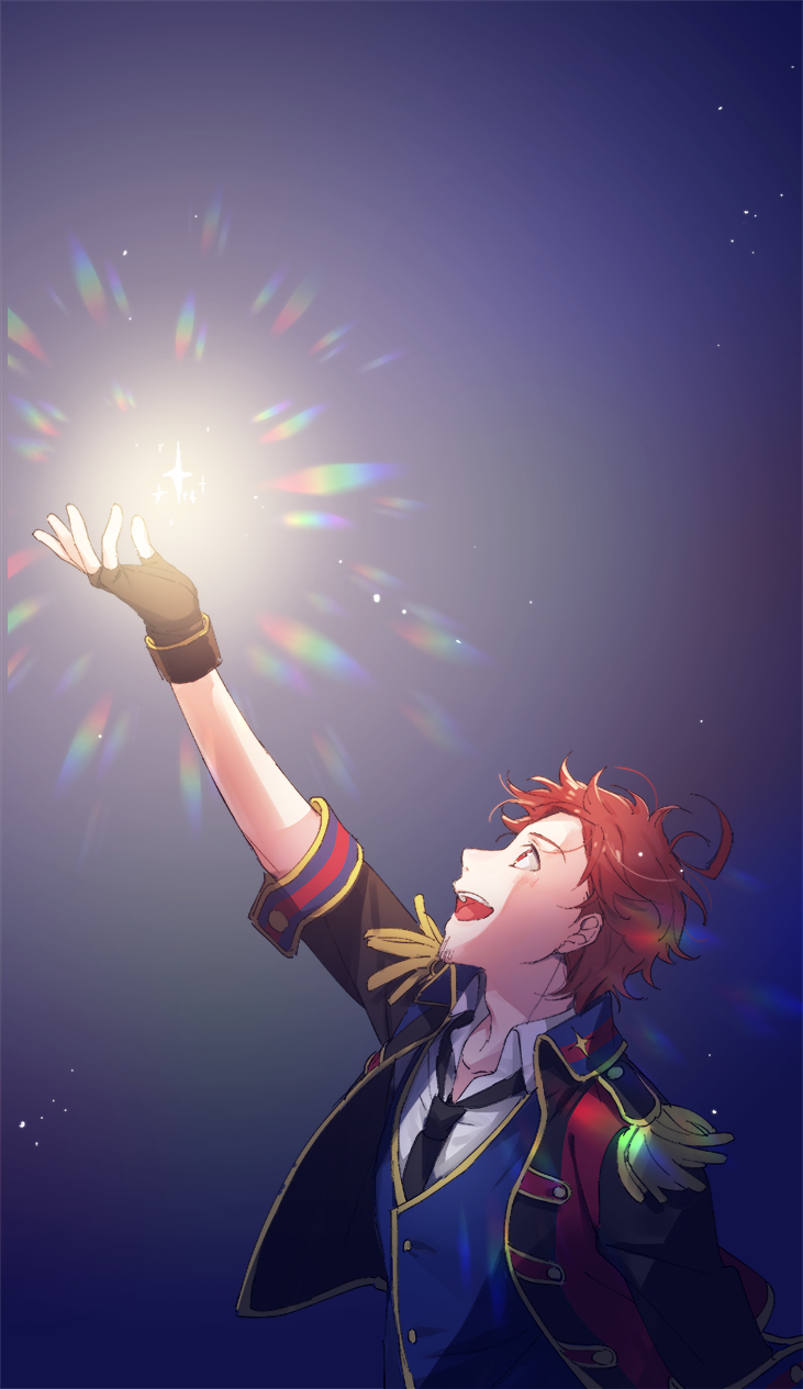 1boy ahoge eguchi_(oui_non) epaulettes facial_hair gloves glowing goatee highres idol idolmaster idolmaster_side-m jacket male_focus necktie open_mouth reason!! red_eyes redhead short_hair smile solo star starry_background tendou_teru