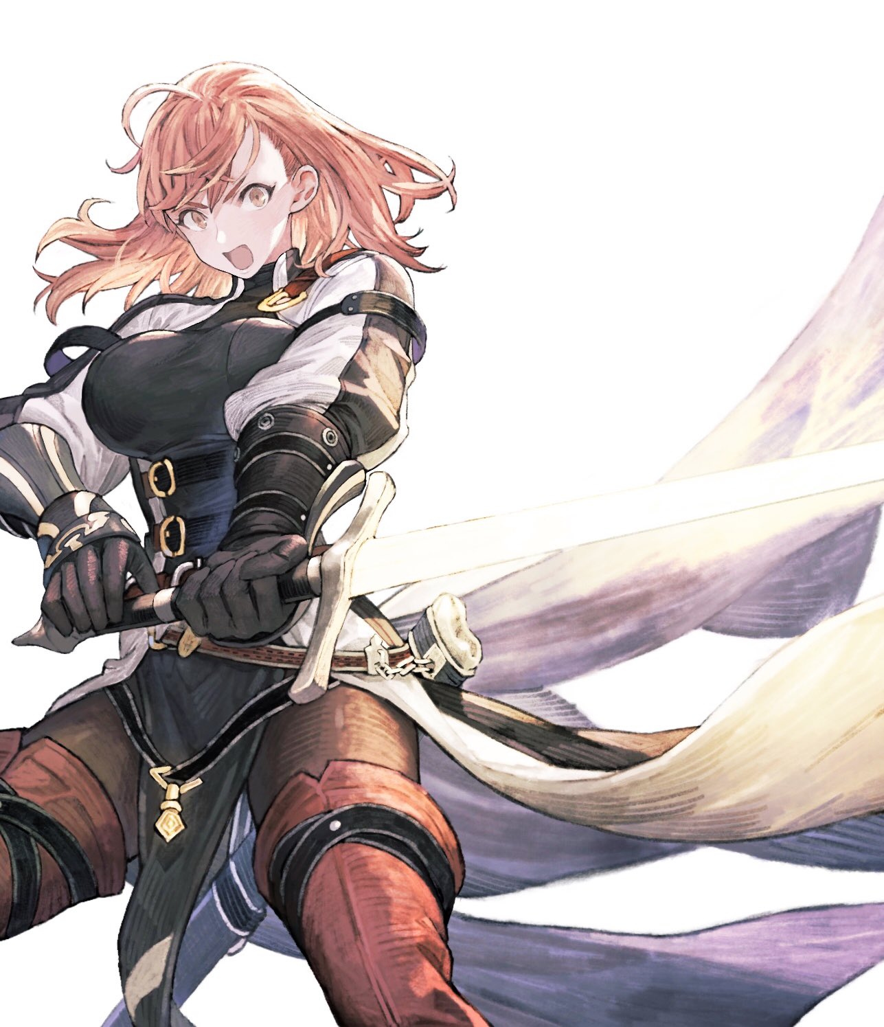 1girl bangs belt breasts fighting_stance gauntlets gloves highres holding holding_sword holding_weapon jun_(seojh1029) large_breasts long_sleeves open_mouth orange_eyes orange_hair original puffy_sleeves shouting simple_background solo sword upper_body weapon white_background wind