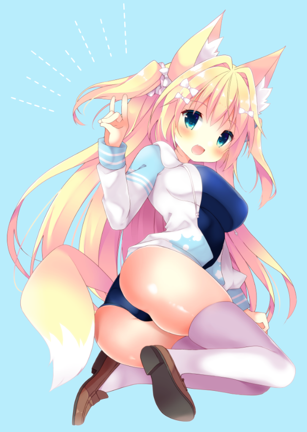1girl animal_ear_fluff animal_ears ass bangs blonde_hair blue_background blue_eyes blue_swimsuit blush bow breasts brown_footwear commentary_request drawstring eyebrows_visible_through_hair fox_ears fox_girl fox_shadow_puppet fox_tail fuuna_thise hair_between_eyes hair_bow hair_intakes hand_up hood hood_down hooded_jacket jacket large_breasts loafers long_hair new_school_swimsuit one-piece_swimsuit open_clothes open_jacket original school_swimsuit shoe_soles shoes sidelocks simple_background solo swimsuit tail thigh-highs two_side_up very_long_hair white_bow white_jacket white_legwear