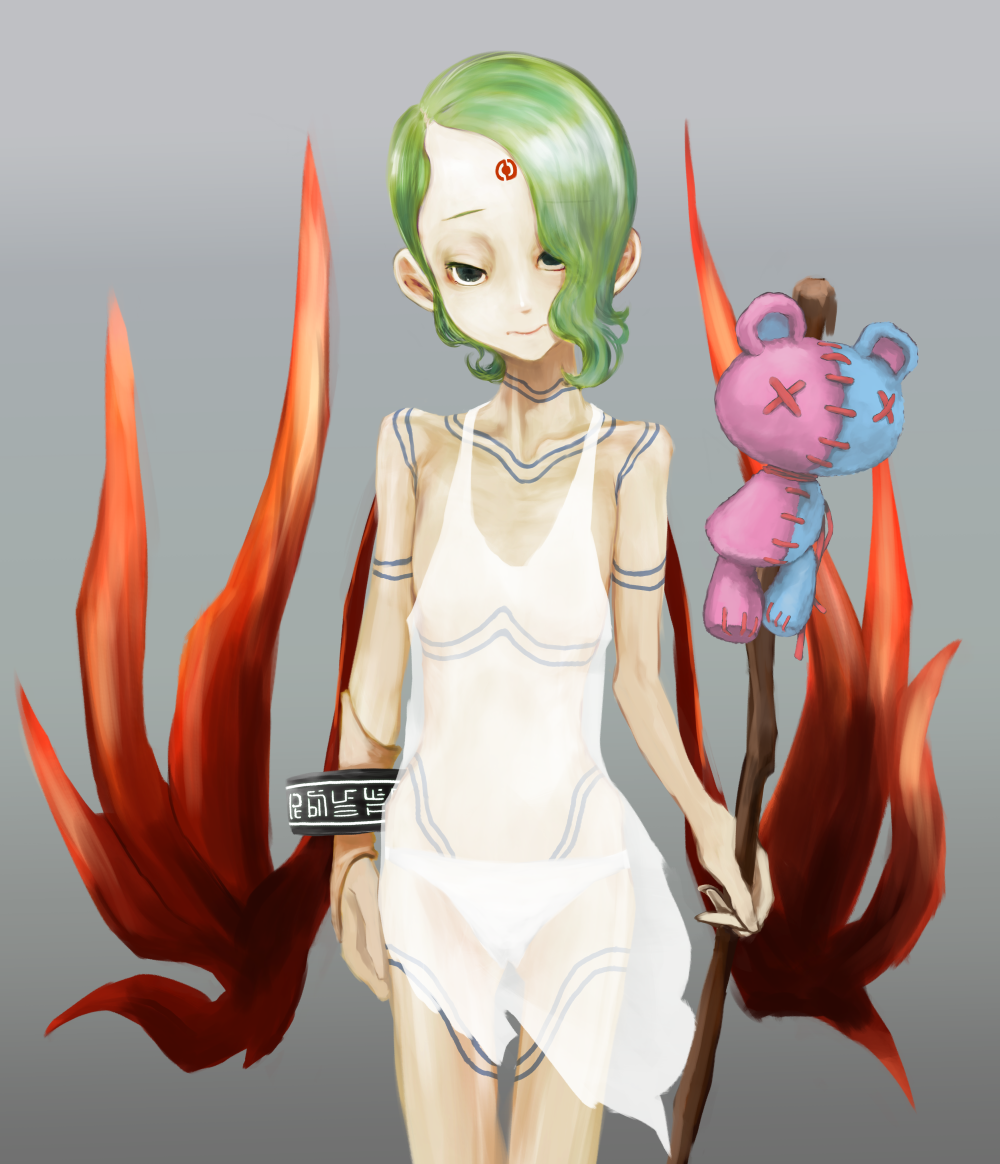 1girl blue_eyes bracelet breath_of_fire breath_of_fire_v closed_mouth commentary_request dress facial_mark full_body_tattoo green_hair jewelry kana_hebi7 looking_at_viewer nina_(breath_of_fire_v) panties red_wings see-through short_hair simple_background solo staff tattoo underwear weapon white_dress white_panties wings