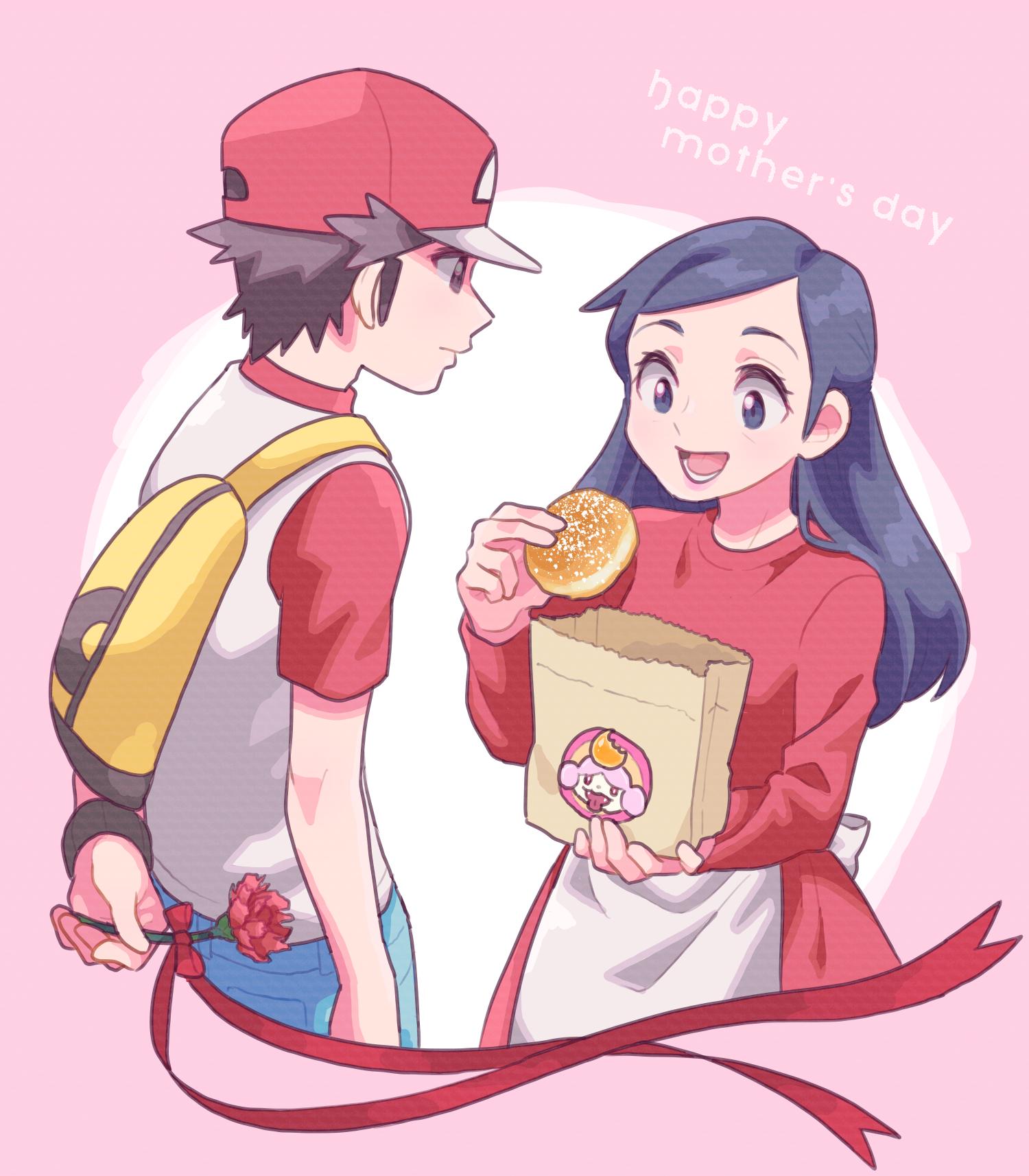 1boy 1girl apron arm_behind_back backpack bag baseball_cap black_hair brown_hair chrysanthemum creatures_(company) denim dress flower game_freak hat highres jeans kanto_mother_(rgby/frlg) malasada mother's_day mother_and_son nintendo pants paper_bag pink_background pokemon pokemon_(game) pokemon_frlg pokemon_sm pumpkinpan raglan_sleeves red_(pokemon) red_dress simple_background smile waist_apron