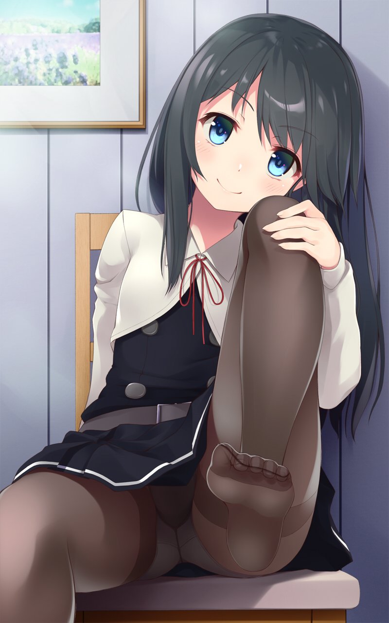 1girl asashio_(kantai_collection) belt black_hair black_legwear blazer blue_eyes chair cowboy_shot dress head_tilt highres jacket kantai_collection leg_up long_hair long_sleeves looking_at_viewer mofu_namako neck_ribbon panties panties_under_pantyhose pantyhose photo_(object) pinafore_dress red_ribbon ribbon sitting smile solo underwear white_panties