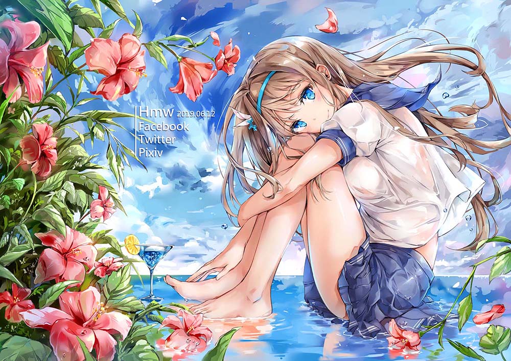 1girl artist_name ass bare_legs barefoot blue_eyes blue_sailor_collar blue_skirt breasts brown_hair clouds cloudy_sky dated day flower girls_frontline hair_ornament hairband hmw_(pixiv7054584) knees_up large_breasts leg_hug long_hair looking_at_viewer miniskirt plant red_flower sailor_collar school_uniform serafuku shirt short_sleeves sitting skirt sky smile snowflake_hair_ornament solo suomi_kp31_(girls_frontline) thighs water white_shirt