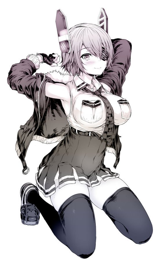 1girl arms_up blush breast_pocket checkered checkered_neckwear closed_mouth collared_shirt eyebrows_visible_through_hair eyepatch full_body gloves hair_over_one_eye kantai_collection looking_at_viewer monochrome necktie oonaka_ito partly_fingerless_gloves pocket remodel_(kantai_collection) shirt short_hair skirt smile solo tenryuu_(kantai_collection) thigh-highs