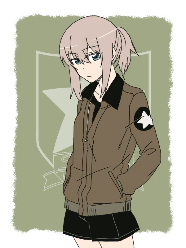 1girl alternate_hairstyle bangs blue_eyes collarbone emblem eyebrows_visible_through_hair girls_und_panzer hand_in_pocket head_tilt itsumi_erika jacket light_frown long_hair looking_at_viewer ponytail saunders_(emblem) saunders_military_uniform short_shorts shorts silver_hair solo thighs tied_hair torinone