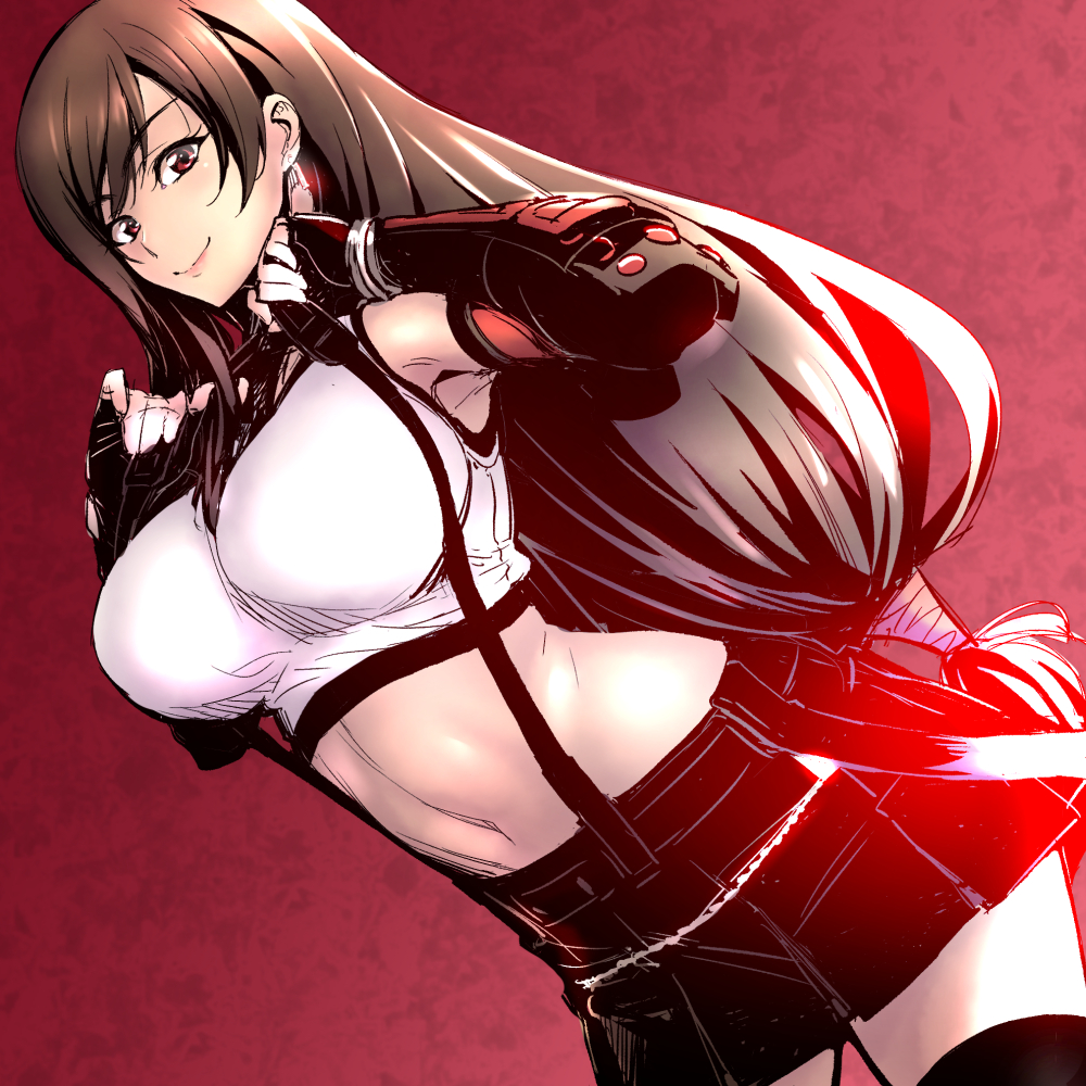 1girl black_skirt breasts brown_eyes commentary_request dutch_angle earrings elbow_gloves elbow_pads fighting_stance final_fantasy final_fantasy_vii final_fantasy_vii_remake fingerless_gloves gloves jewelry large_breasts long_hair low-tied_long_hair midriff miniskirt nakahira_guy pencil_skirt pink_lips red_background shirt skirt smile solo suspender_skirt suspenders tank_top taut_clothes taut_shirt tifa_lockhart