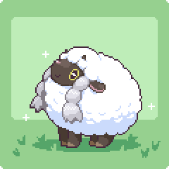 braid commentary_request full_body gen_8_pokemon grass green_background kumamoto_(bbtonhk2) looking_up lowres no_humans pixel_art pokemon pokemon_(creature) pokemon_(game) pokemon_swsh sheep sparkle twin_braids wooloo