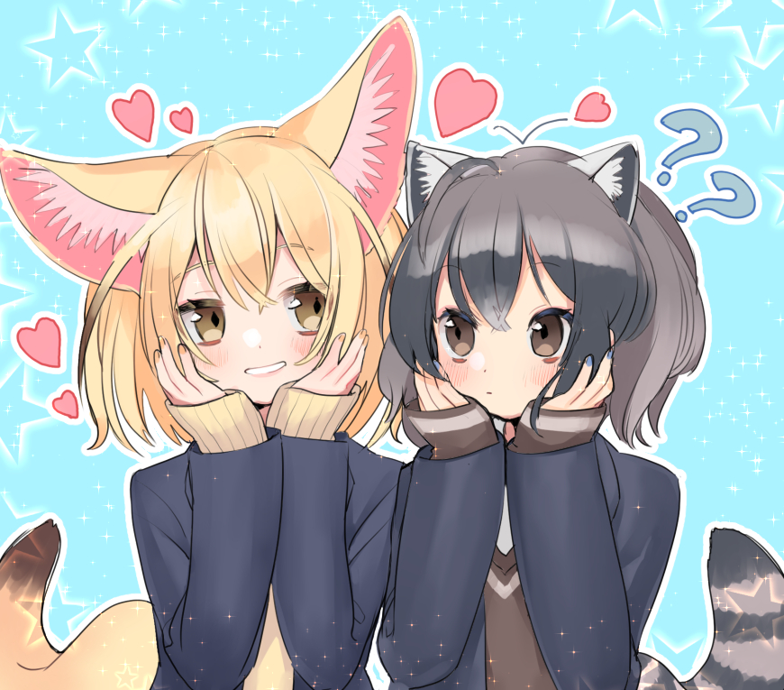 2girls ?? alternate_costume animal_ear_fluff animal_ears blazer blonde_hair blush commentary_request common_raccoon_(kemono_friends) eyebrows_visible_through_hair fennec_(kemono_friends) fox_ears fox_tail grey_hair hands_on_own_cheeks hands_on_own_face heart ichi001 jacket kemono_friends long_sleeves looking_at_another matching_outfit multicolored_hair multiple_girls raccoon_ears raccoon_tail school_uniform short_hair sleeves_past_wrists smile sparkle tail upper_body