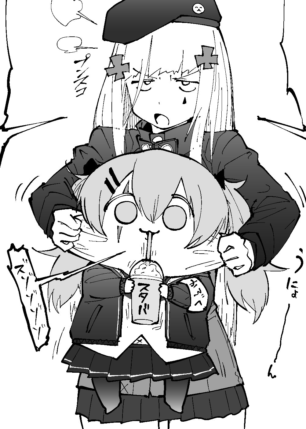 2girls abonnu_(adooonnu) armband bangs beret cheek_pull chibi commentary_request cup disposable_cup drinking drinking_straw facial_mark girls_frontline greyscale hair_between_eyes hat highres hk416_(girls_frontline) holding holding_cup jacket long_hair long_sleeves monochrome multiple_girls open_mouth pleated_skirt scar scar_across_eye skirt ump9_(girls_frontline)