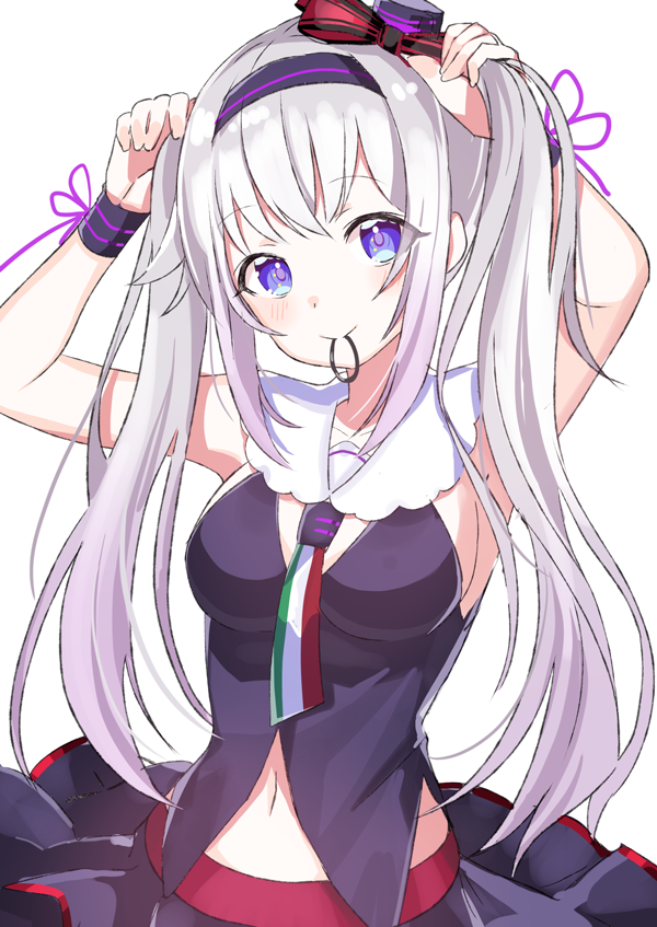.live adjusting_hair armpits breasts carro_pino collarbone commentary_request headband long_hair looking_at_viewer medium_breasts motsunuki navel purple_hair silver_hair simple_background sleeveless virtual_youtuber white_background