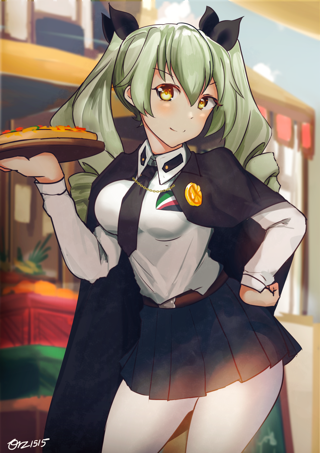 1girl anchovy anzio_school_uniform ass_visible_through_thighs black_cape black_neckwear black_ribbon black_skirt blush breasts cape chain cloak contrapposto drill_hair food girls_und_panzer green_hair hair_between_eyes hair_ribbon hand_on_hip highres kowaremashita long_hair medium_breasts necktie pantyhose pizza ribbon school_uniform skirt smile solo tray twin_drills twintails white_legwear