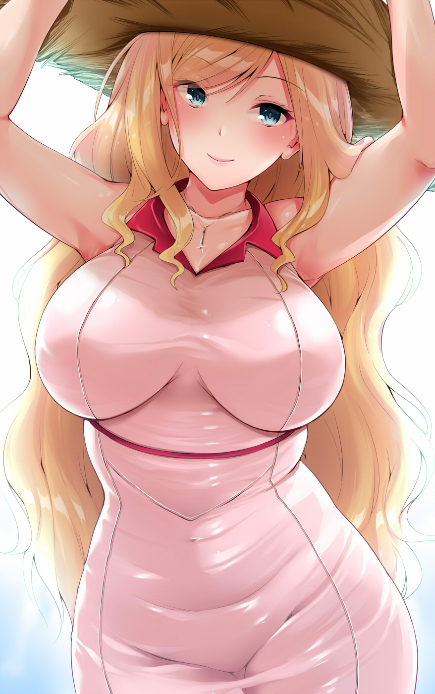 1girl amasora_taichi armpits arms_up bangs bare_shoulders blonde_hair blue_eyes blush breasts brown_headwear closed_mouth collarbone commentary_request covered_navel cowboy_shot curvy eyebrows_visible_through_hair hat head_tilt highres impossible_clothes large_breasts long_hair looking_at_viewer original simple_background sleeveless smile solo straw_hat swept_bangs very_long_hair wavy_hair white_background